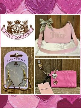 Juicy Couture. 5 Piece: Crossbody & Free Card Case, Earrings, Dust Bag & Scarf.